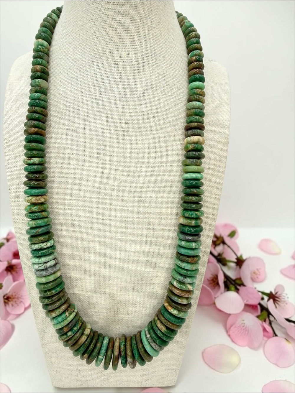Natural Untreated Jade Disk Bead Necklace FAS 925 22-24” 212g Statement Boho Lux